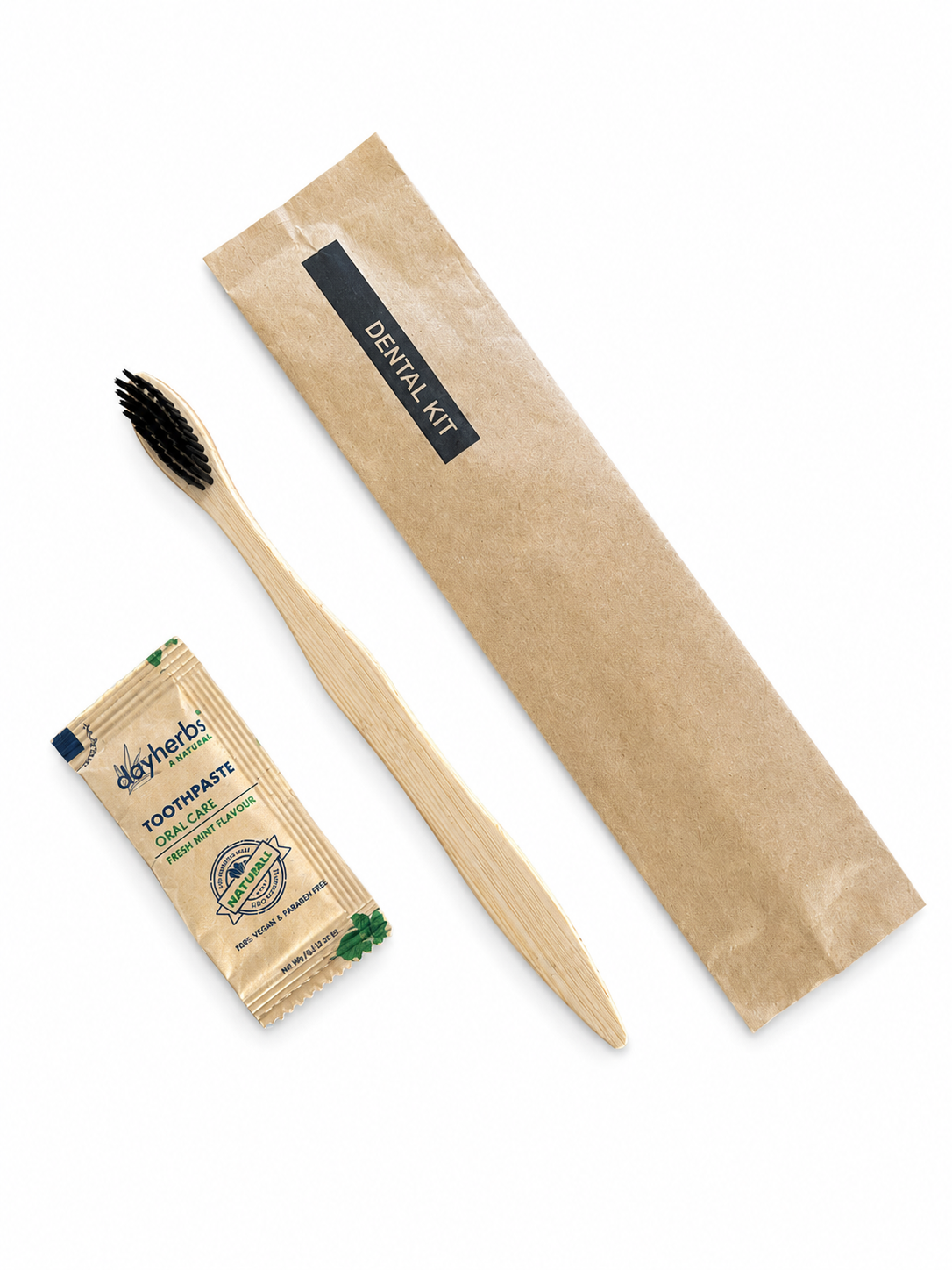 Eco Friendly Hotel Dental Kit with Bamboo Toothbrush and Clay herbs toothpaste in paper sachet